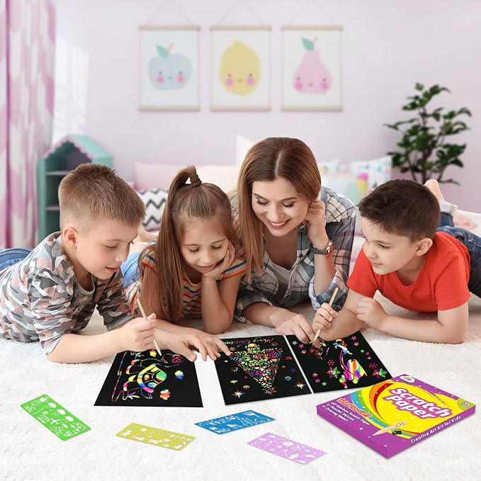 ZMLM Scratch Rainbow Art Paper Set - 100Pcs Magic Scratch Off Art Craft Supplies Kits for Kids Girls Boys Black Scratch Notes Sheet Doodle Pad for Fun DIY Toy Party Favors Christmas Birthday Gift