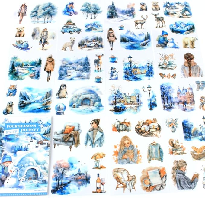 Winter Pre-Cut Journal Sticker Book for Junk Journaling, Transparent PET White Snow Landscape Stickers for Scrapbook Supplies, Scrapbooking, Collage, Planners, Bujo, 20 Sheets
