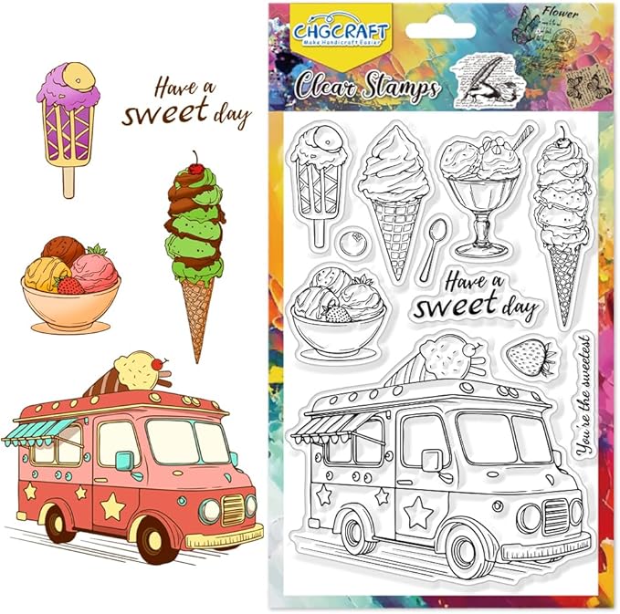 CHGCRAFT Ice Cream Cart Clear Stamps Ice Cream Cone Dessert Transparent Handicraft Stamps for DIY Scrapbooking Photo Album Decorative, 6.3x4.3inch