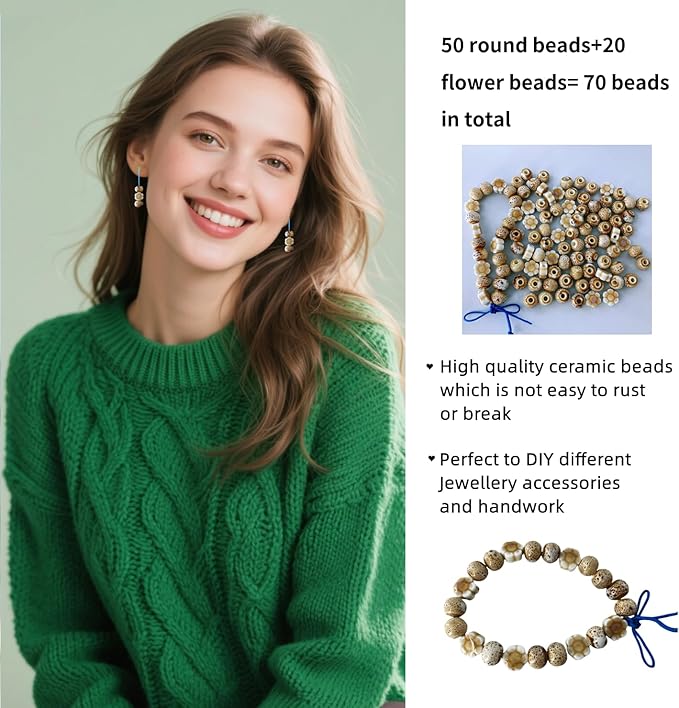 Ceramic Round Porcelain Beads Flower Porcelain Spacer Bead Craft Beads Ornamenets for DIY Jewelry Necklace Bracelet DIY Crafts for Women Above 12 Years Old 70 pcs