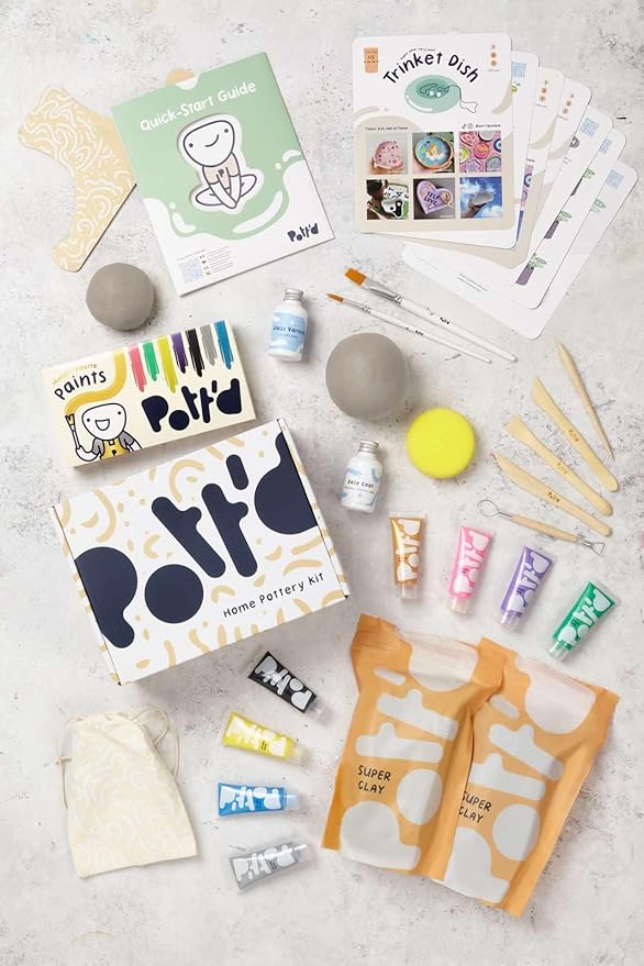 Pott'd Air Dry Clay for Adults and Beginners Home Pottery Kit. DIY Craft Kit Includes: Clay, Tools, Paints, Brushes, Sealant, How-to-Guides