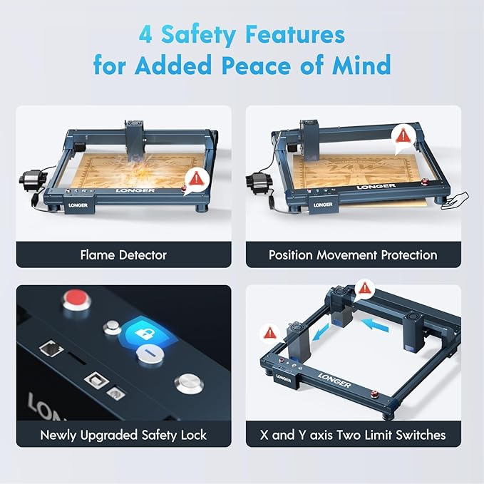 Longer Laser B1 Engraver, with 24000mW Laser Output Power and an Automatic air Assist Pump, Laser B1 is a DIY Precision Laser Cutting Machine, Featuring a high Speed of 36000mm/min, Laser Class 2