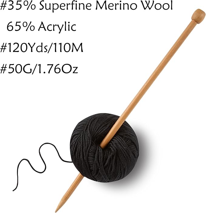 2 Balls Merino Wool Yarn, 12-Ply Luxurious and Soft Yarn for Hand Knitting & Crocheting, 1.76 OZ/50g, 120 yds/110 Meters(Black,2Balls)