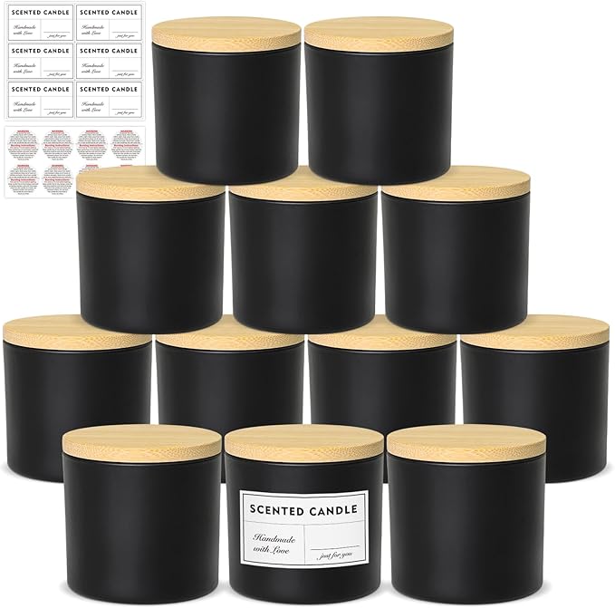 4oz Jars for Making Candles - 12 Pack Small Matte Black Empty Glass With Bamboo Lids, Stickers and Labels, Bulk Containers, Ideal for Business Owners