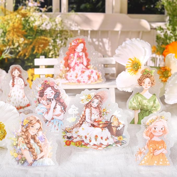 TIAMECH Beautiful Manor PET Stickers - 60 Pcs Fantasy Dance Blossom & Elf Princess Design, Waterproof Sticker for Journaling & Scrapbooking, Junk Journal Supplies, Ephemera & DIY Crafts