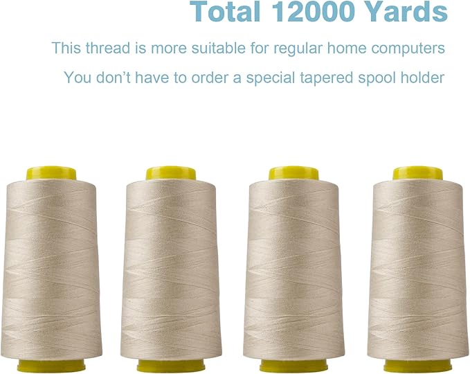 Beige Serger Thread, All-Purpose Thread for Sewing, Polyester, 4 Cones of 3000 Yards Each Spool for Sewing Machine