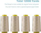Beige Serger Thread, All-Purpose Thread for Sewing, Polyester, 4 Cones of 3000 Yards Each Spool for Sewing Machine