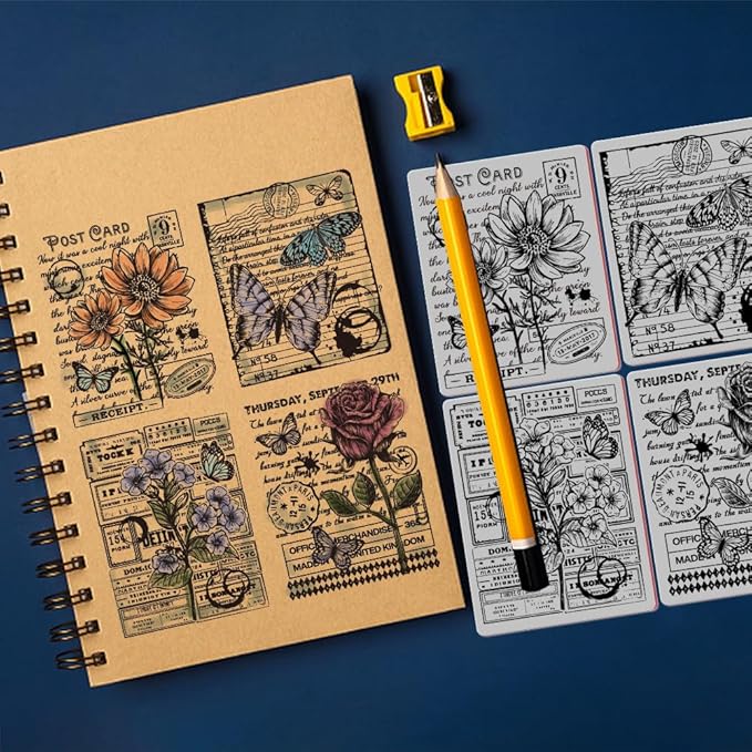 GLOBLELAND Vintage Background Cling Rubber Stamp 7.09x8.66inch Flowers Butterflies EVA Stamps Embossing Stamp Seal for DIY Scrapbooking and Card Making Paper Craft Decor