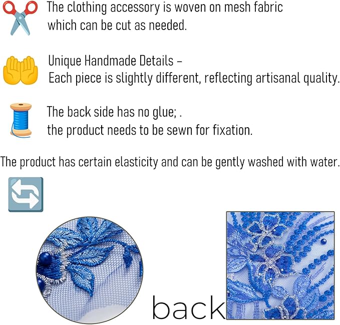 Beaded Pearl Flower Fabric Lace Applique, Floral Embroidered Patches Handmade Sewing Tool for DIY Neckline Bodice Wedding Bridal Prom Dress(Blue-Large)