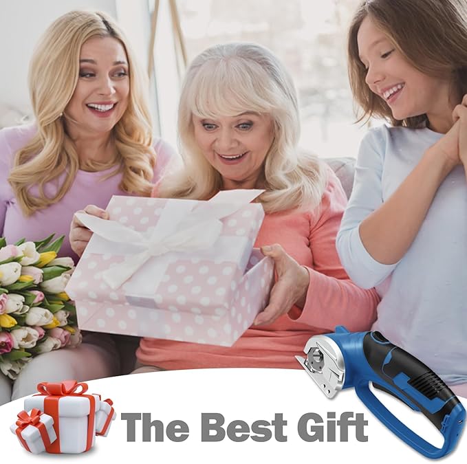 Cordless Electric Scissors, 4V Box Cutter & Cardboard Cutter with Upgrade Blade, LED Light, Safety Lock - Rechargeable Rotary Cutter for Fabric, Leather, Plastic, Sewing, Industrial (Steel Blue)