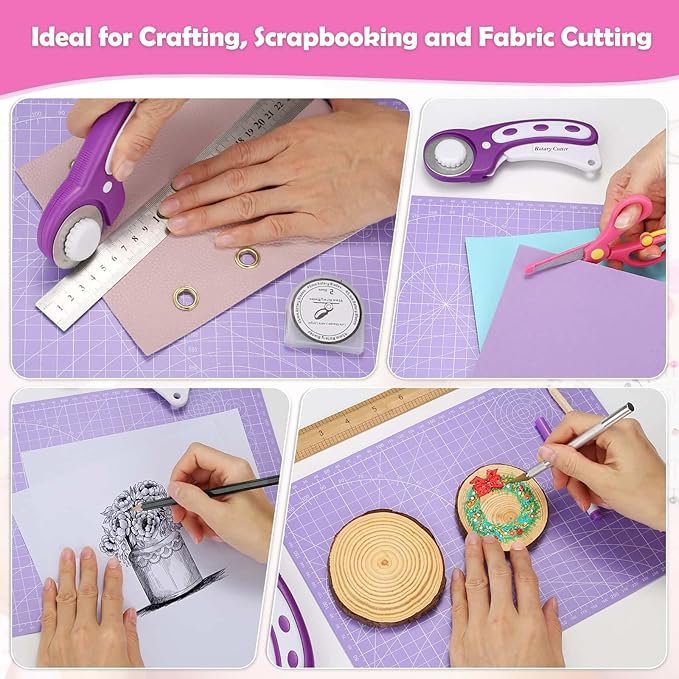 Rotary Fabric Cutter and Mat Set, Audab Self Healing Sewing Mats Shirt Cutter 45mm Rotary Cutting Wheel with Fabric Tool Blades for Cloth Crafts Quilting Scrapbooking Hobby (A4 9" x 12" Purple)