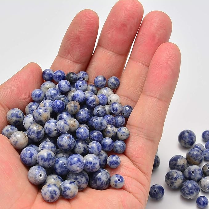 NCB 100pcs Natural Stone Beads 8mm Round Genuine Real Stone Beading Loose Gemstone DIY Charm Smooth Beads for Bracelet Necklace Jewelry Making (Blue Spot Jasper, 8mm 100Beads)