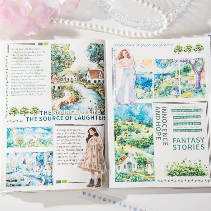40 Sheets Pre-Cut PET Washi Sticker Books for Scrapbooking, Garden and Country Road Theme Decorative Background Scrap Book Stickers for Journaling, Junk Journal Supplies, Collage