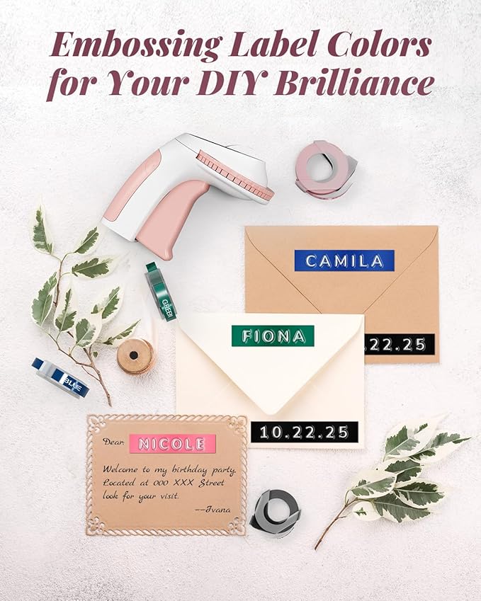 Phomemo Embossing Label Maker Machine, Retro Embossed Label Maker, Old School Embosser Labeler with 6 Rolls 3D Embossing Label Waterproof for Kid DIY Home School and Scrapbook Supplies Office, Pink