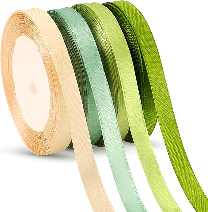 DECYOOL 4 Rolls 100 Yards Green Ribbons, 10mm Wide Satin Craft Ribbons for Gift Wrapping, Assorted Shades of Green Thin Ribbon for DIY Crafts, Wedding Decor, Baby Shower