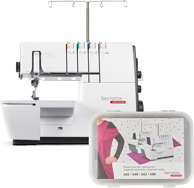 Bernette B62 Airlock Coverstitch Machine Bundle | Air Threader, 7-piece coverstitch foot kit, LED Light, Extension Table | Heavy Duty, Beginner to Professional, Advanced Sewing & Decorative Stitching