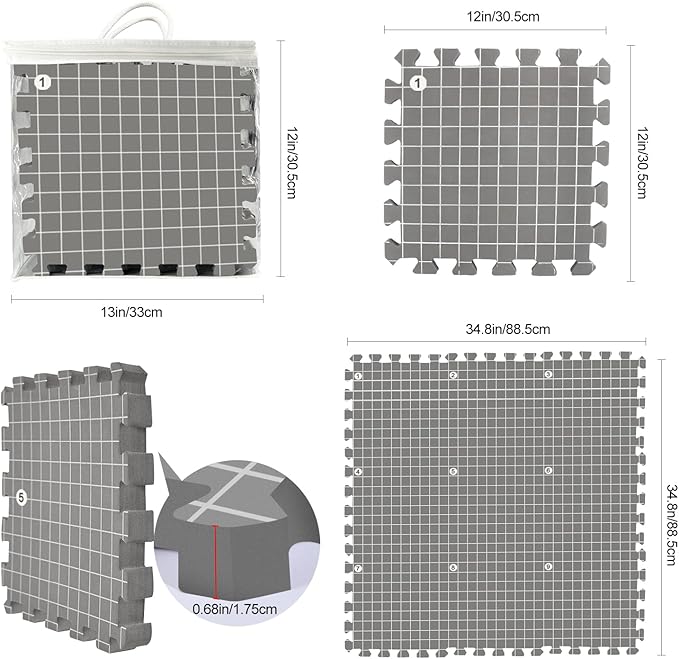MEVOME Blocking Mats for Knitting 200 T-pins 100 Locking Stitch Markers, Extra Thick Block Boards Crochet Projects Grid Lines Needlepoint Knit Crocheting, 9 Foam Interlocking Mat Storage Bag (Gray)