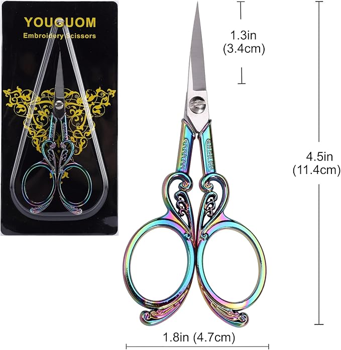 Detail Embroidery Scissors – Small Sharp Pointed Tip Shears for Sewing, Craft, Artwork, Needlework Yarn, Thread Snips, Handicraft DIY Tool, 4.5in Rainbow Vintage Style