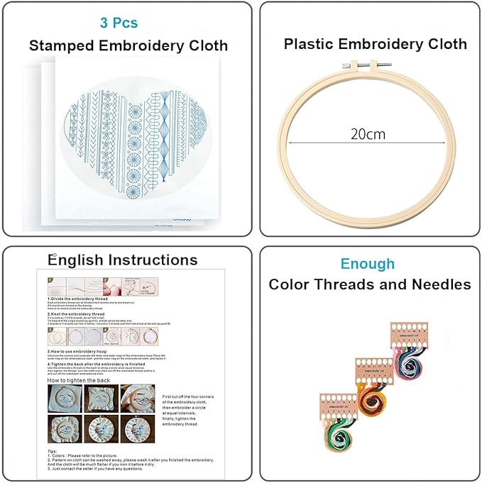 Konrisa Easy Embroidery Kit for Beginners Stamped Embroidery Starter Kit DIY Sewing Needlepoint Cross Stitch for Adults, Stitch Practice Kit 3 Embroidery Fabric Pattern