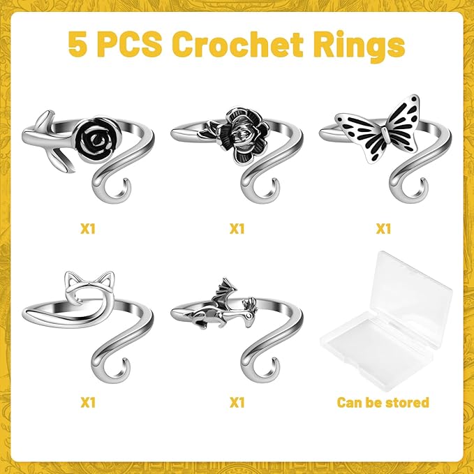 MARFOREVER 5 Pcs Crochet Rings for Crocheting, Adjustable Crochet Tension Rings for Finger, Yarn Guide Accessories for Crocheters Knitters Mother Grandma Gifts with Box