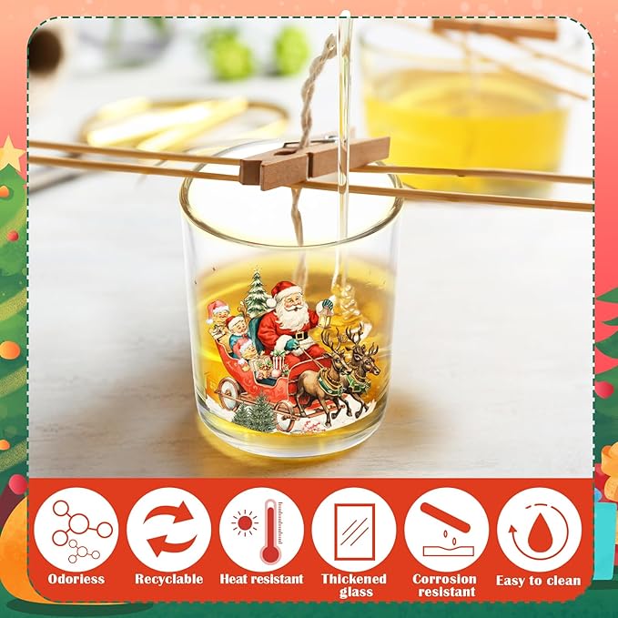 Ziliny 10 Pcs Vintage Christmas Glass Candle Jars Empty Containers Bulk 7 oz Glass Jars with Cork Lids Tins for Christmas Holiday Candle Making Storing Biscuits Tea Party Favors