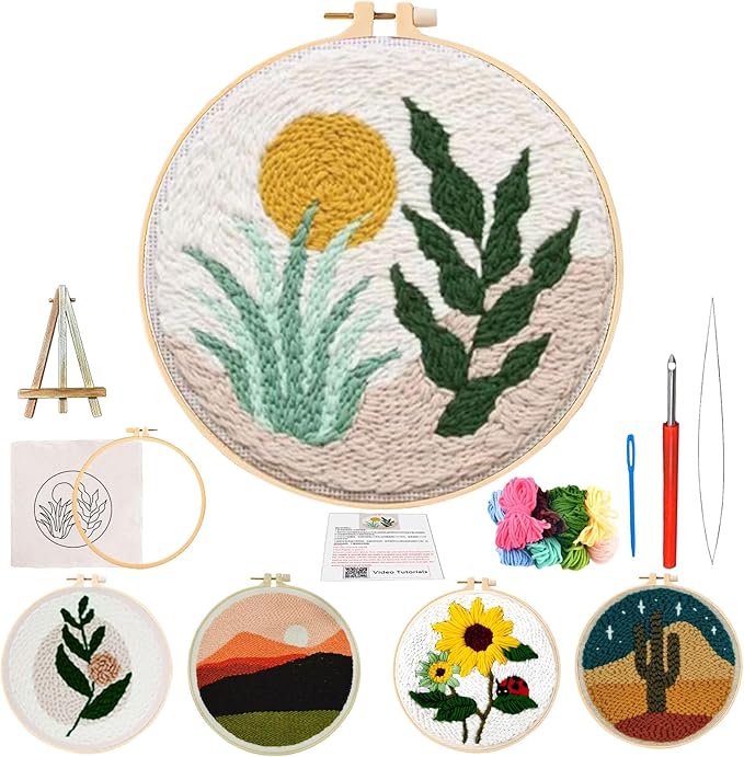 PYHIRRY Punch Needle Kits Adults Beginner Grass，with Tool, Hoop, Yarn, Fabric & Video Tutorials -Complete Punch Needle kit for Home Decor Craft for Wall Art & Gifts