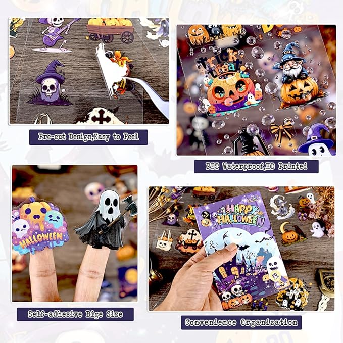 Transparent Halloween Scrapbook Stickers Book, 20 Sheets Diecut PET Stickers for Journaling, Purple Vintage Spooky Theme for Scrapbooking, Junk Journal Supplies, Planner, Bujo, Crafts Arts