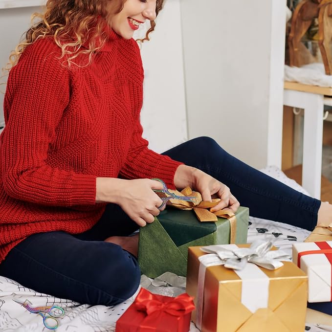 BIHRTC Rainbow Embroidery Small Precision Stainless Steel Scissors with Leather Cover DIY Tools Shears for Crochet Sewing Crafting Art Work Threading Needlework Knitting