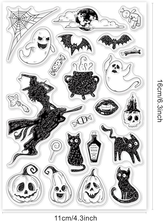 ORIGACH Silicone Clear Stamps - Witch, Ghost, Cat, Bat, Pumpkin Reusable Stamps for Card Making, Scrapbooking & DIY Halloween Décor - 6.3x4.3inches