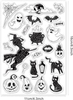 ORIGACH Silicone Clear Stamps - Witch, Ghost, Cat, Bat, Pumpkin Reusable Stamps for Card Making, Scrapbooking & DIY Halloween Décor - 6.3x4.3inches
