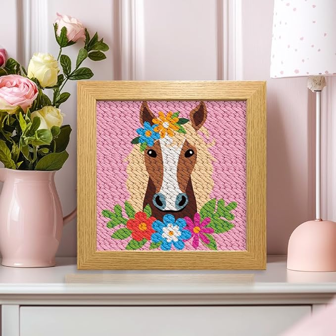 ACRNIGHEET 2Pcs Horse Punch Needle Kits for Adults Beginners, Include Instructions, Punch Needle Embroidery Kit, Pre-Printed Horse and Flower Pattern, Frame, Yarns, Sewing Needles, Exquisite Gifts