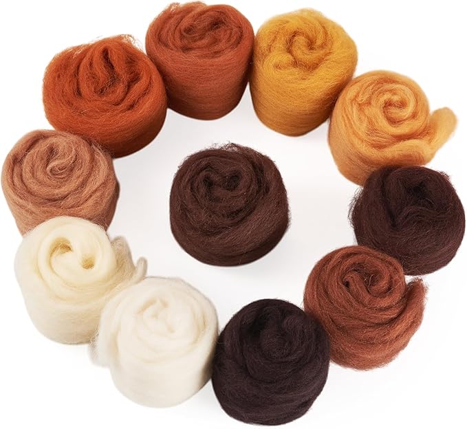 Boutigem 11 Colors 55G Brown Needle Felting Wool Roving, DIY Craft Spinning Fibre Wool Roving for Needle Felting, Chunky Handmade Yarn for Beginners DIY Hand Spinning, Weaving and Blending