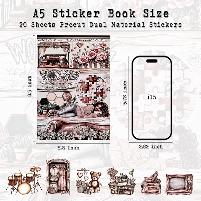 Vintage Scrapbook Stickers for Junk Journaling, 20 Sheets A5 Size Scented Wood Moment Theme Precut Sticker Book, Ephemera for Junk Journals Supplies, Scrapbooking, Scrap Book, Collage, Crafts Arts