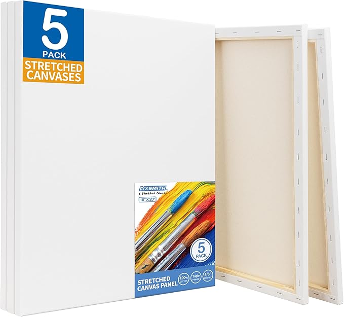 FIXSMITH Stretched White Blank Canvas - 16x20 Inch, 5 Pack,Primed Large Canvas,100% Cotton,5/8 Inch Profile of Super Value Pack for Acrylics,Oils & Other Painting Media