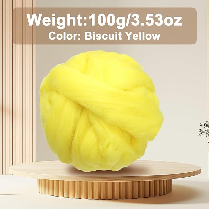 uxcell 3.53oz Wool Roving Yarn, Needle Felting Wool Fiber DIY Craft Needle Wet Felting Supplies for Blending Weaving Handcrafts, Biscuit Yellow
