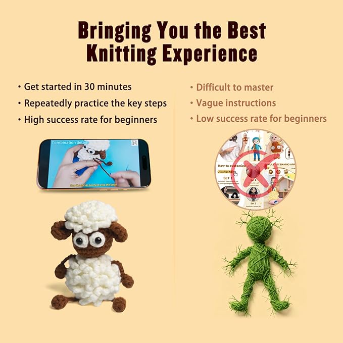 YOKISS 8Pcs Beginner Crochet Starter Kit, Creative Christmas Gifts & Birthday Gifts for Adults & Kids, Popular DIY Patterns, 40% Extra Yarn Crochet Animals Kits with Step-by-Step Video Tutorials