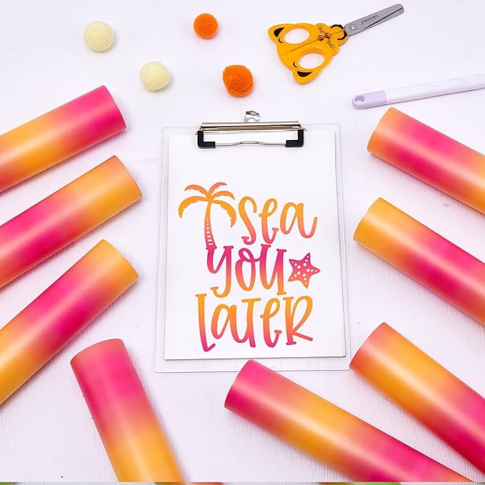 Tintnut Orange Pink Permanent Vinyl - 8 Sheets 12"x10" Gradient Adhesive Self Sticker, Ombre Glossy Self Sticker Water Proofing Vinyl Compatible with Cricut Or Silhouette