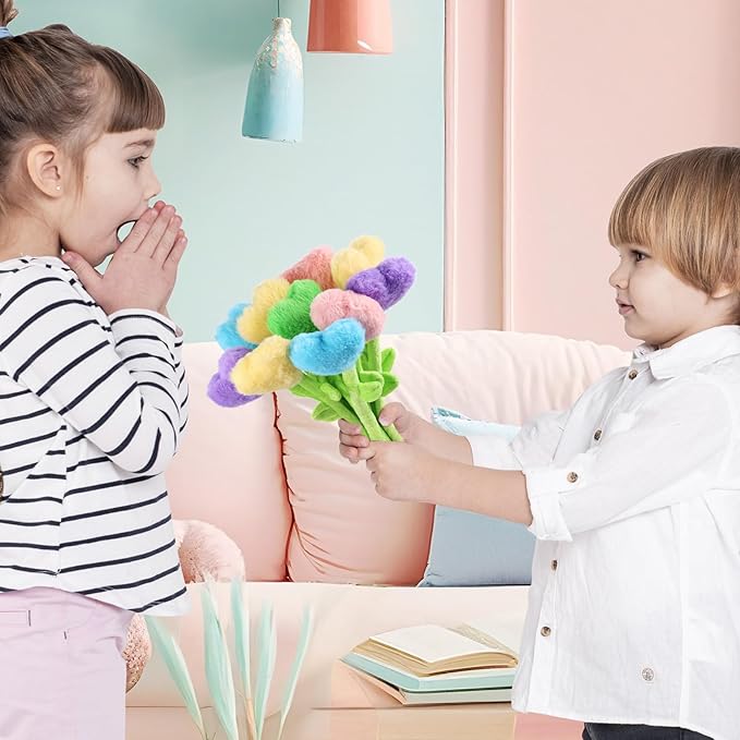 10 Pcs Plush Heart Floral Stuffed Bendable Stems Plush Bouquet Toy Soft Rose Flower 12.6 Inch for Christmas Classroom 2025 Mother's Day Valentines Day Girl Girlfriend Wife(10 Pcs Colorful Heart)