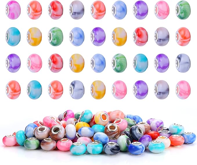 100 Pieces 14mm European Large Hole Spacer Beads Mix Color with Silver Brass Cores Assortments Charm Lampwork Beads Supplies for Necklace Bracelets Jewelry Making (Ｎew Ｍarble)
