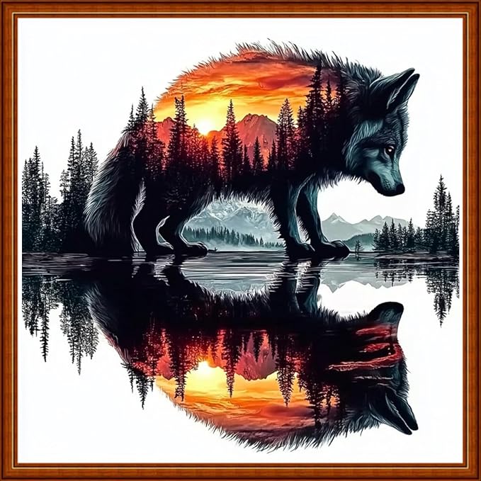 Funart Stamped Cross Stitch Kits for Beginners Full Range of Cross Stitching Preprinted Embroidery Kits for Adults, 11CT Embroidery Pattern Needlepoint Kits-Abstract Forest Wolf 18x18 inch
