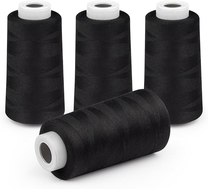 Serger Thread 4 Cones 3000 Yards Each Spool All Purpose Polyester Thread 40S/2 for Sewing, Serger, Overlock, Quilting, Piecing - Black, HY1256