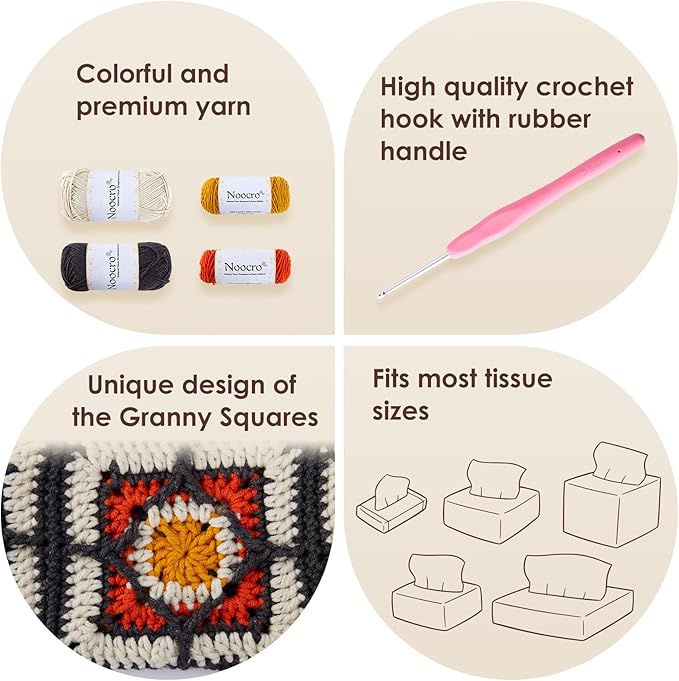 Noocro Crochet Kit Granny Square Tissue Holder, Complete DIY Kit with Detailed Instructions, Video Tutorials, for Beginners or Intermediate and Advanced Crocheters