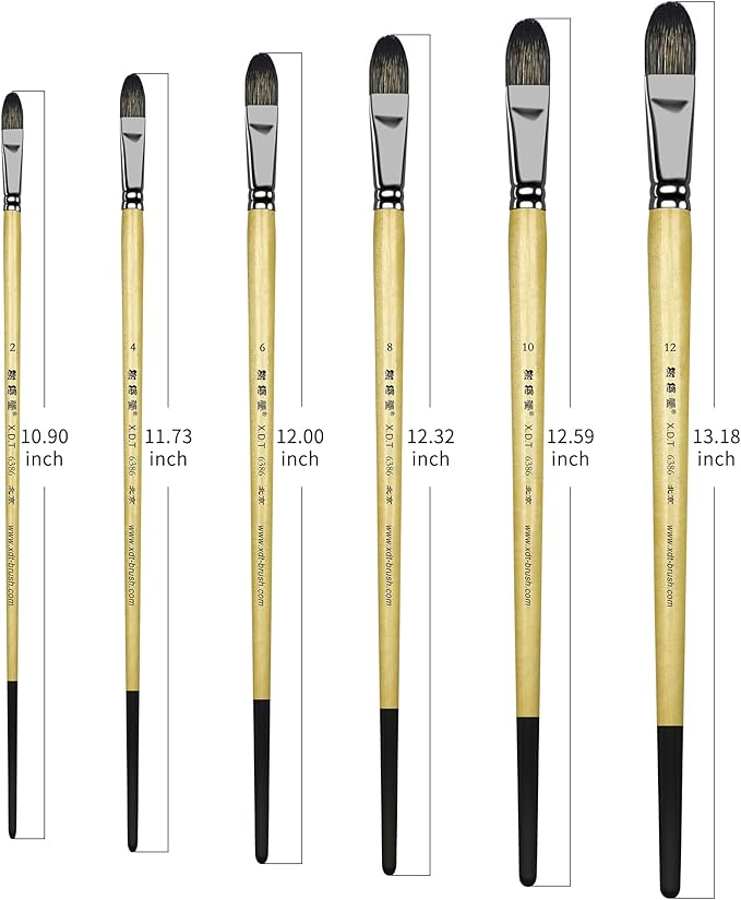 XDT#6386 Filbert Artist Paint Brush 6 Piece Set Medium Stiff Black Hog Bristle Extra Long Handle #2#4#6#8#10#12, Acrylic Oil Watercolor
