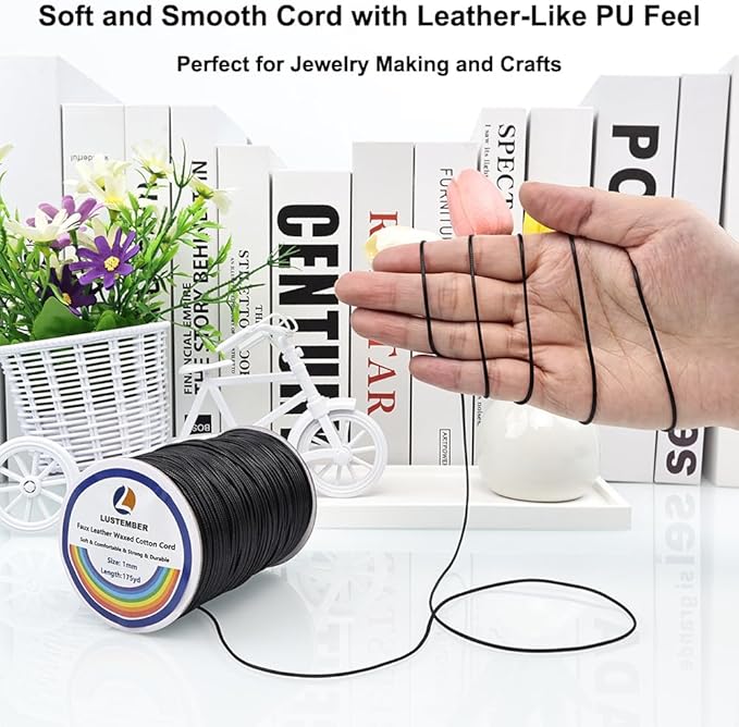 1mm Faux Leather Waxed Cotton Cord, 175 Yards – Durable Necklace String, Soft and Textured Cord for Necklaces, Bracelets, and Jewelry Making
