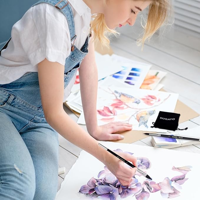 Watercolor Brushes Professional, DUGATO 12pc Artist Paint Brush Set - Synthetic Bristles (Round, Flat, Liner, Oval) for Watercolor Gouache Inks Painting