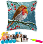 DL-YTG Latch Hook Kits Pillow Winter Bird Crochet Yarn Cushion Colour Pre-Printed Canvas Rug Needlework DIY Pillowcase Hook and Latch Kit Christmas Home Arts Crafts Sofa Decoration 42x42cm/16 X16inch