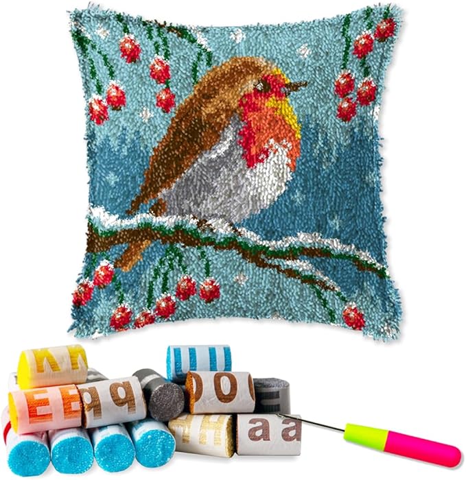 DL-YTG Latch Hook Kits Pillow Winter Bird Crochet Yarn Cushion Colour Pre-Printed Canvas Rug Needlework DIY Pillowcase Hook and Latch Kit Christmas Home Arts Crafts Sofa Decoration 42x42cm/16 X16inch
