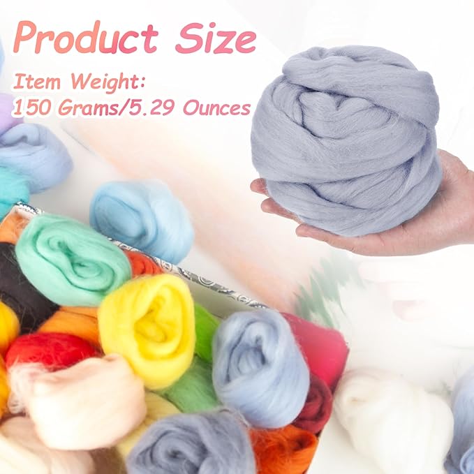 PATIKIL Wool Roving Yarn, 150G/5.3OZ Soft Felting Wool Pure Chunky Roving Yarn Bulk for Needle Felting Knitting Blanket Spinning Weaving DIY Craft, Light Gray