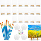 20 Pack Mini Canvas and Easel Set, 5.9 X 5.9 inch Small Painting Canvas Panel with Mini Easel, Mini Canvases with 10 Brushes & 5 Paint Tray,Art Canvases Painting Kit for Birthday Party Favors