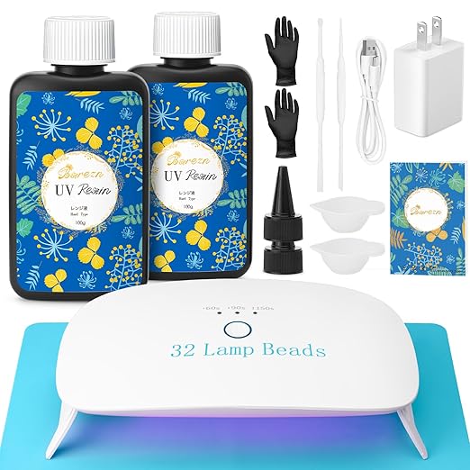 Bsrezn 200g UV Resin Kit with Large Light 32 Beads, Crystal Clear Solar Activated UV Epoxy Resin for Jewelry Making (100g x 2)